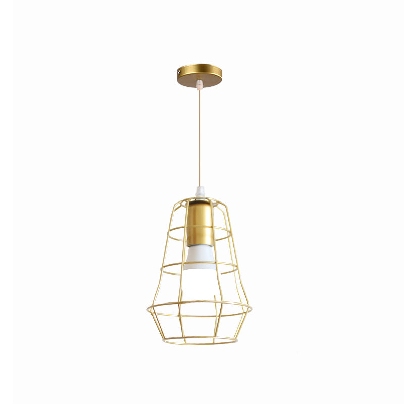 Gold Wire Cage Pendant Light - Retro Industrial Iron Hanging Lamp For Coffee Shop