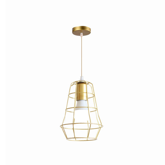 Gold Wire Cage Pendant Light - Retro Industrial Iron Hanging Lamp For Coffee Shop