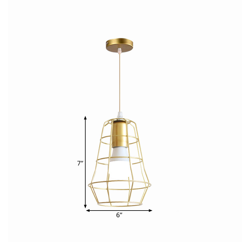 Gold Wire Cage Pendant Light - Retro Industrial Iron Hanging Lamp with Shade for Coffee Shop