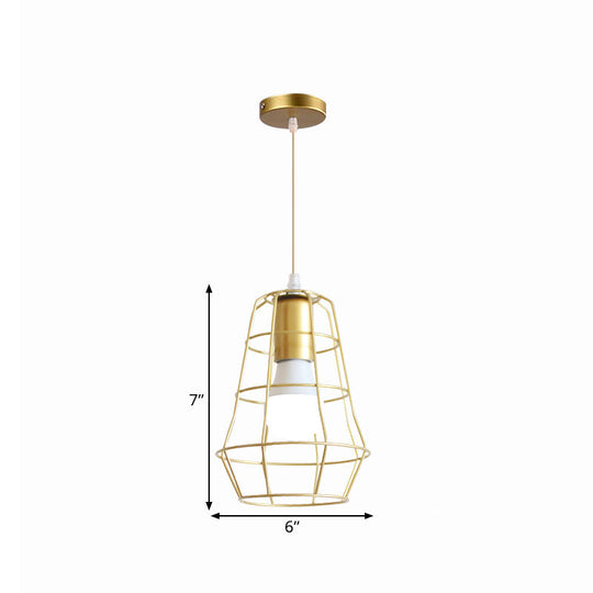 Gold Wire Cage Pendant Light - Retro Industrial Iron Hanging Lamp For Coffee Shop