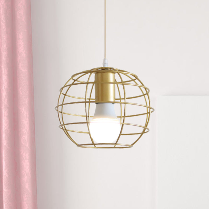 Gold Metal Pendant Light With Unique Globe/Hexagon Cage Shade For Dining Room / Globe