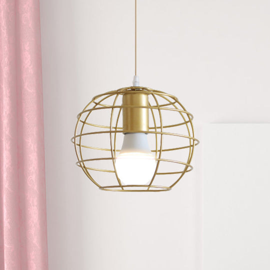 Gold Metal Pendant Light With Unique Globe/Hexagon Cage Shade For Dining Room / Globe