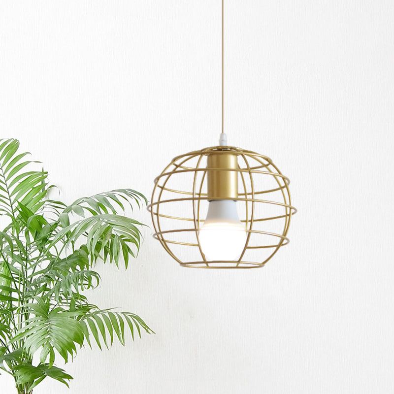 Gold Metal Pendant Light With Unique Globe/Hexagon Cage Shade For Dining Room