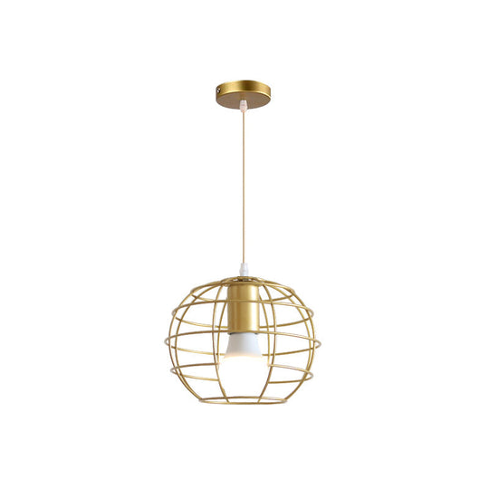 Gold Metal Pendant Light with Globe/Hexagon Cage Shade for Dining Room