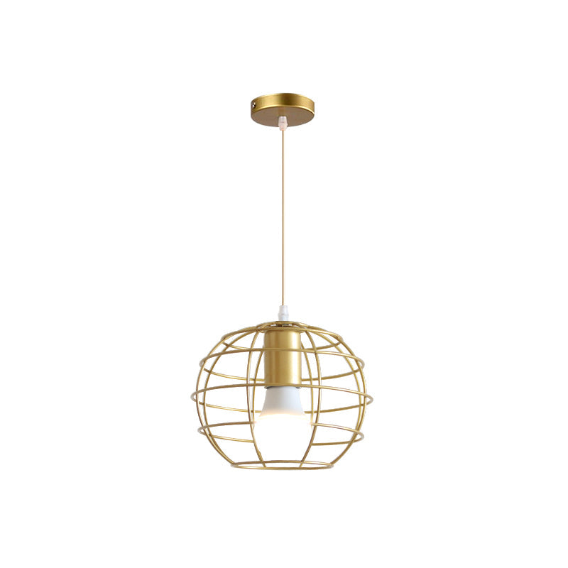 Gold Metal Pendant Light With Unique Globe/Hexagon Cage Shade For Dining Room