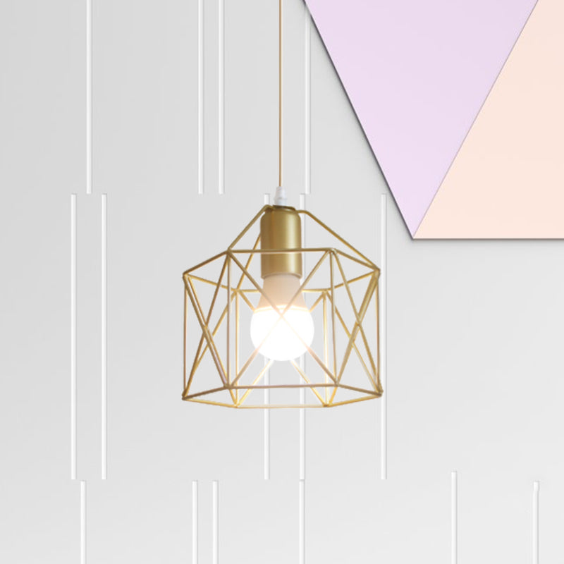 Gold Metal Pendant Light with Globe/Hexagon Cage Shade for Dining Room