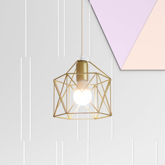 Gold Metal Pendant Light with Globe/Hexagon Cage Shade for Dining Room