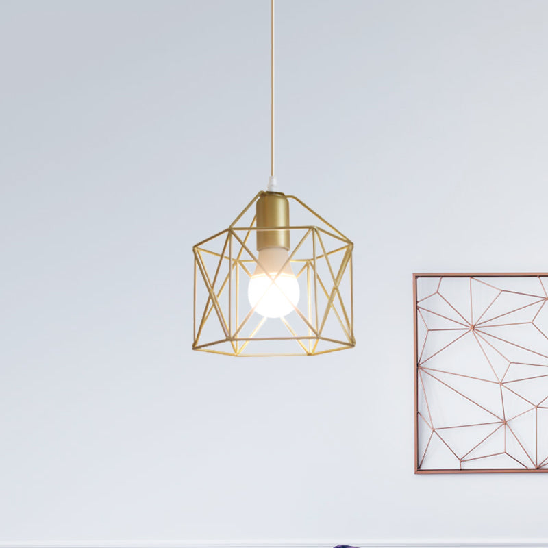 Gold Metal Pendant Light With Unique Globe/Hexagon Cage Shade For Dining Room