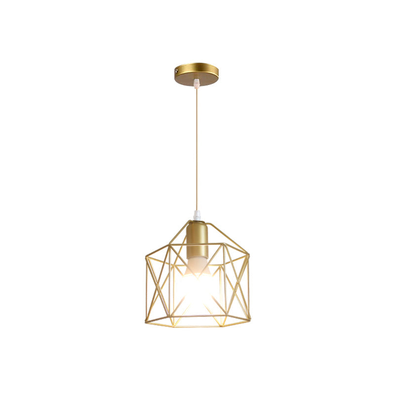 Gold Metal Pendant Light With Unique Globe/Hexagon Cage Shade For Dining Room