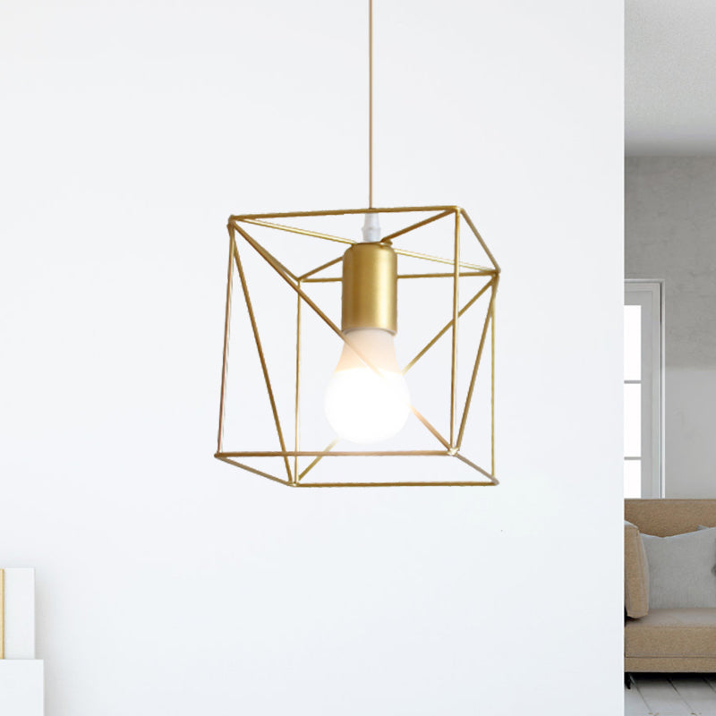 Gold Metal Pendant Light with Globe/Hexagon Cage Shade for Dining Room