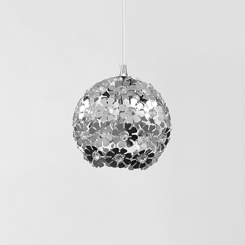 Contemporary Floral Globe Hanging Light With Crystal Accents - Aluminum & Chrome Suspension Lamp