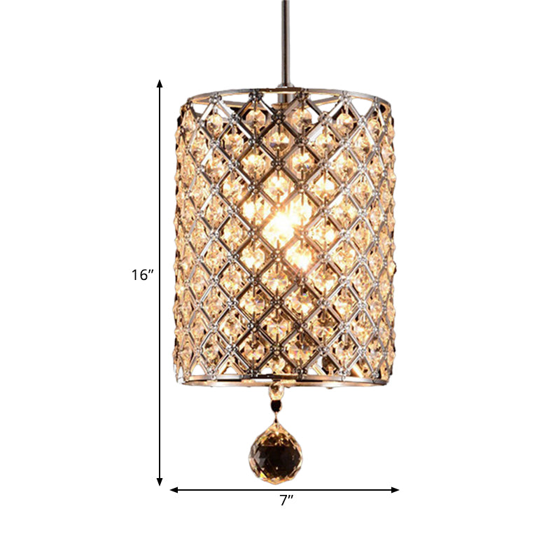 Modern Chrome Crystal Cylinder Pendant Light Fixture For Restaurant