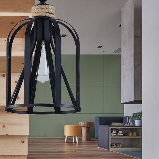Retro Black Wire Pendant Light With Birdcage Shade - Ideal For Restaurants And Lofts