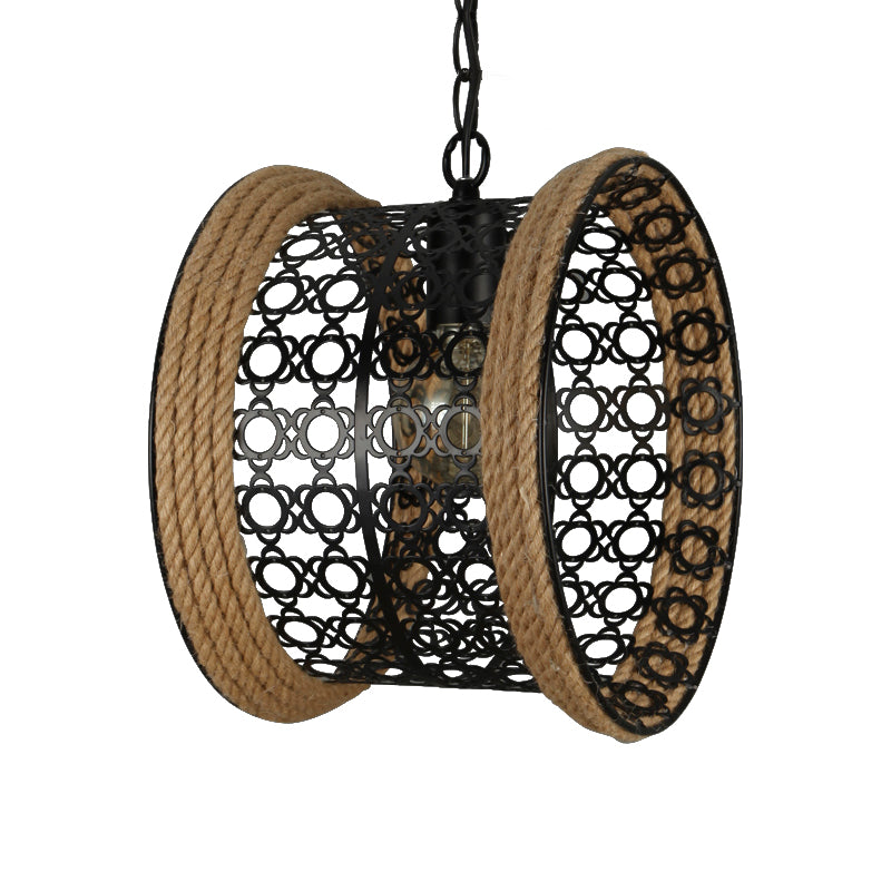 1-Light Lodge Indoor Pendant Lamp with Mesh Drum Metal Shade and Rope Detail in Black