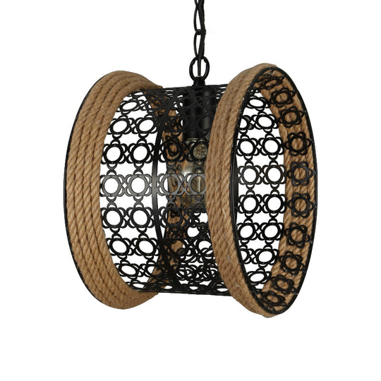 1-Light Lodge Indoor Pendant Lamp with Mesh Drum Metal Shade and Rope Detail in Black