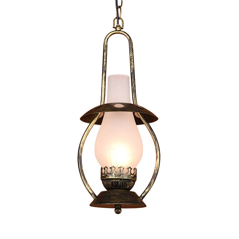 Farmhouse Brass Pendant Ceiling Light with Milk Glass - Rustic Kerosene Lighting Fixture for Restaurants