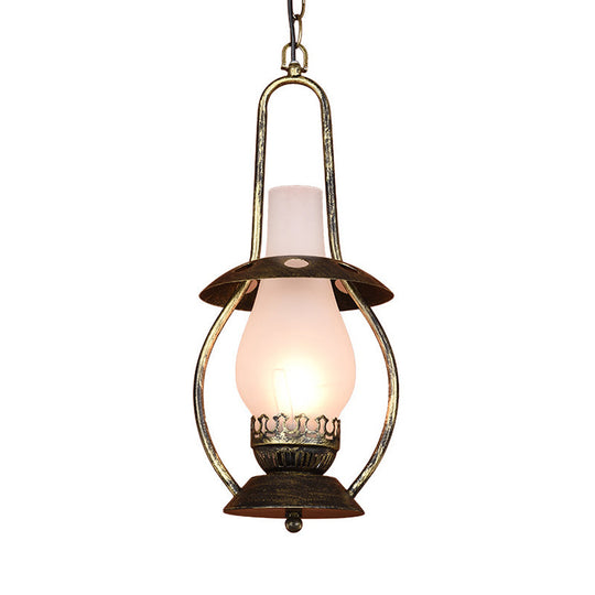 Farmhouse Milk Glass Pendant Ceiling Light - Brass Kerosene Lighting Fixture For Restaurants