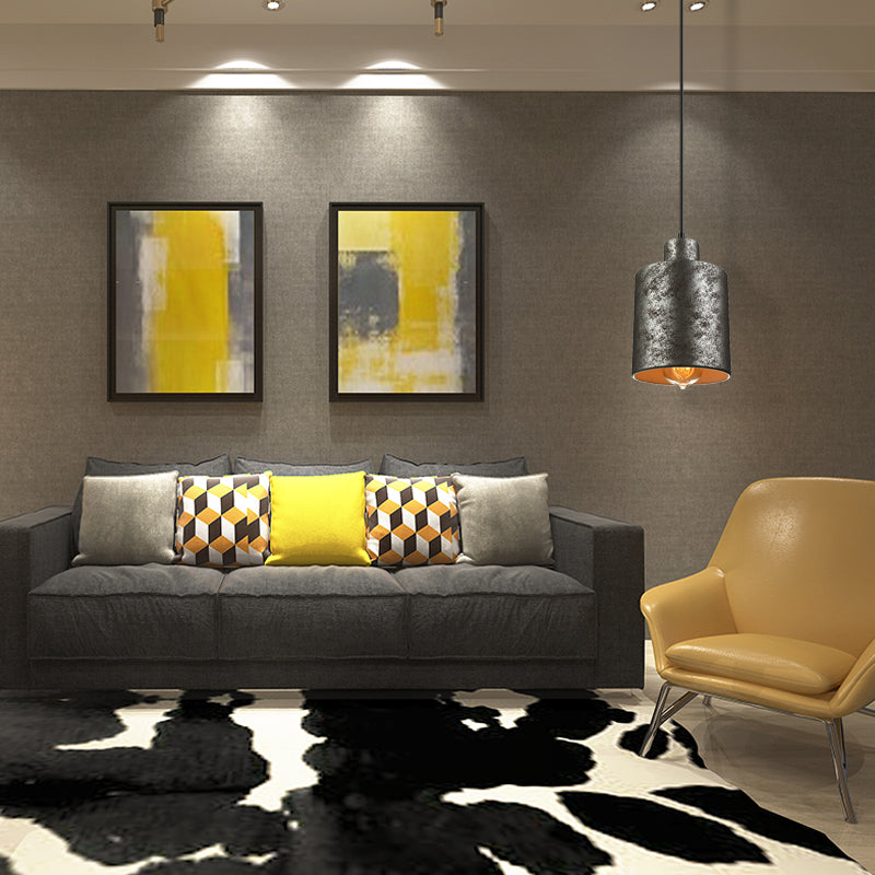 Iron Pendant Lighting With 4 Aged Black Shades - Industrial Style Indoor Hanging Light