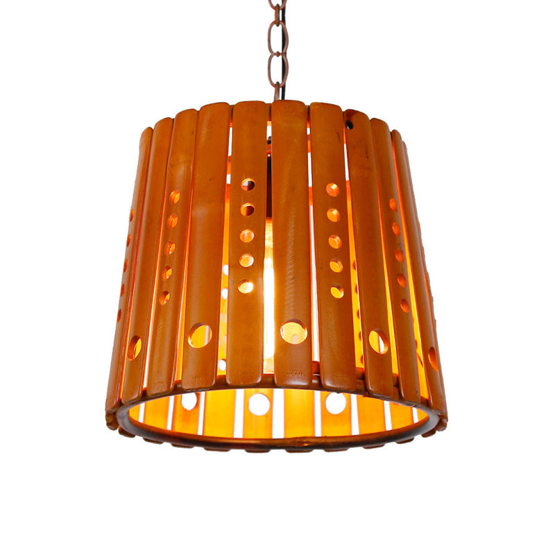 Modern Wood Barrel Pendant Light: Stylish 1-Light Fixture for Dining Room in Brown