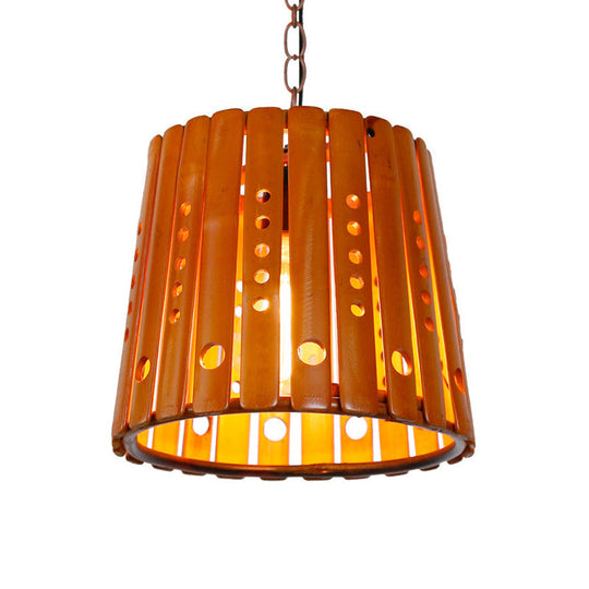 Modern Wood Barrel Pendant Light: Stylish 1-Light Fixture for Dining Room in Brown