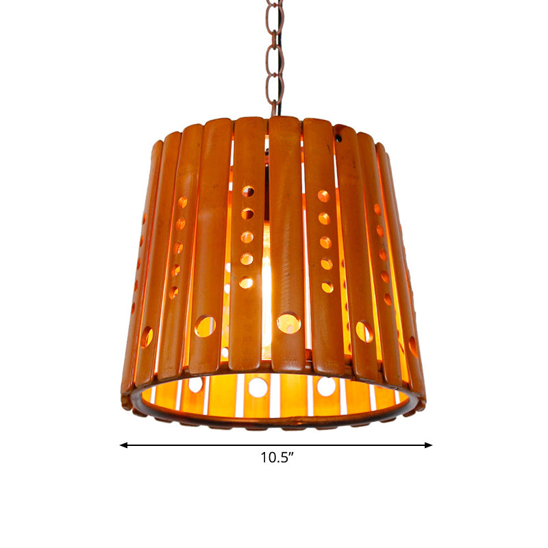 Modern Wood Barrel Pendant Light: Stylish 1-Light Fixture for Dining Room in Brown