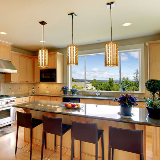 Plafonnier cylindrique en bambou creux : lampe suspendue beige moderne pour salon, ampoule unique