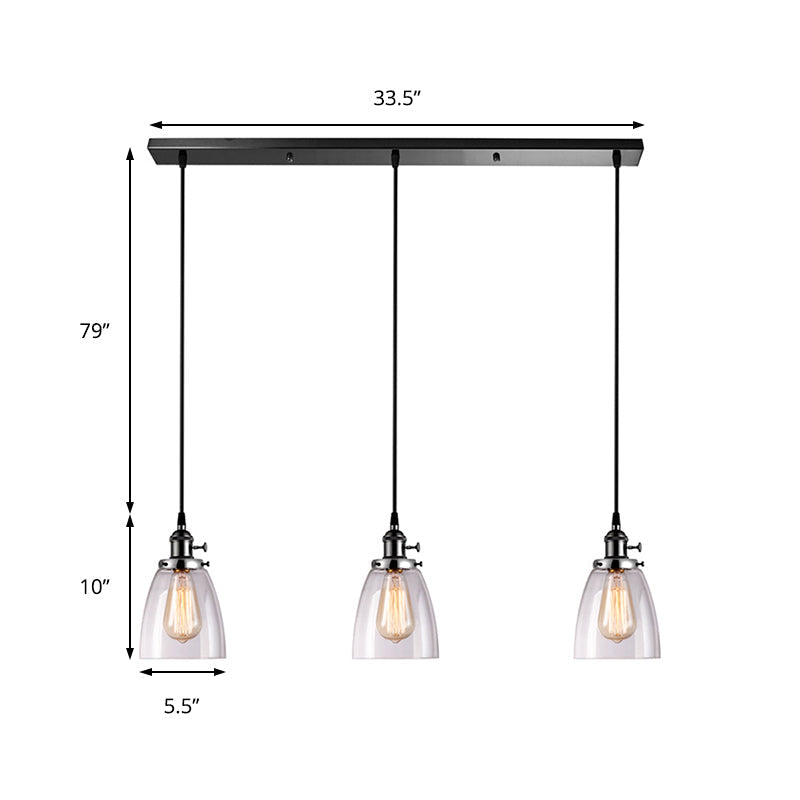 Farmhouse Multi-Pendant Light Fixture with Ribbed Clear Glass Shades for Dining Room: Linear Canopy, 3 Cone Lights