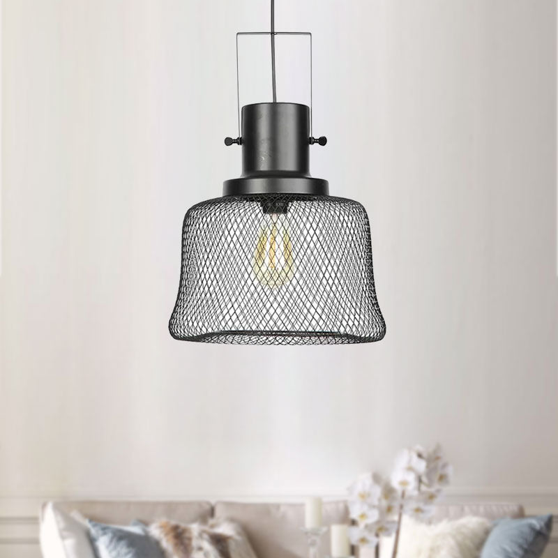 Industrial Mesh Cage Pendant Light - Black Metal Single Lamp for Living Room Hanging, with Shade