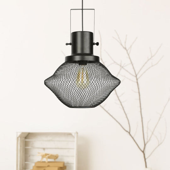 Industrial Mesh Cage Pendant Light - Black Metal Single Lamp for Living Room Hanging, with Shade