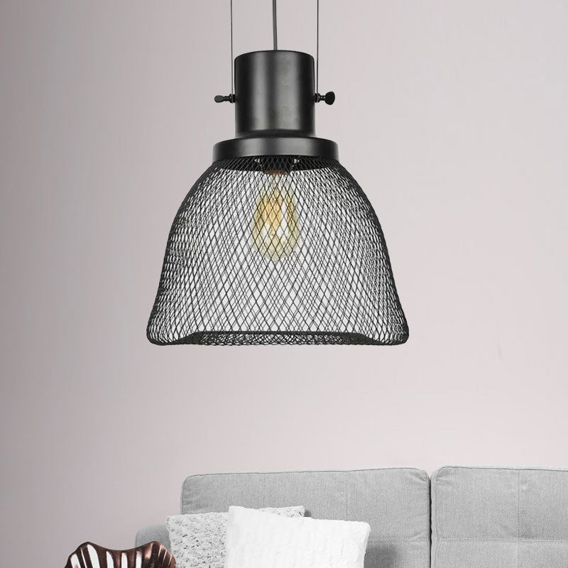 Industrial Mesh Cage Pendant Light - Black Metal Single Lamp for Living Room Hanging, with Shade