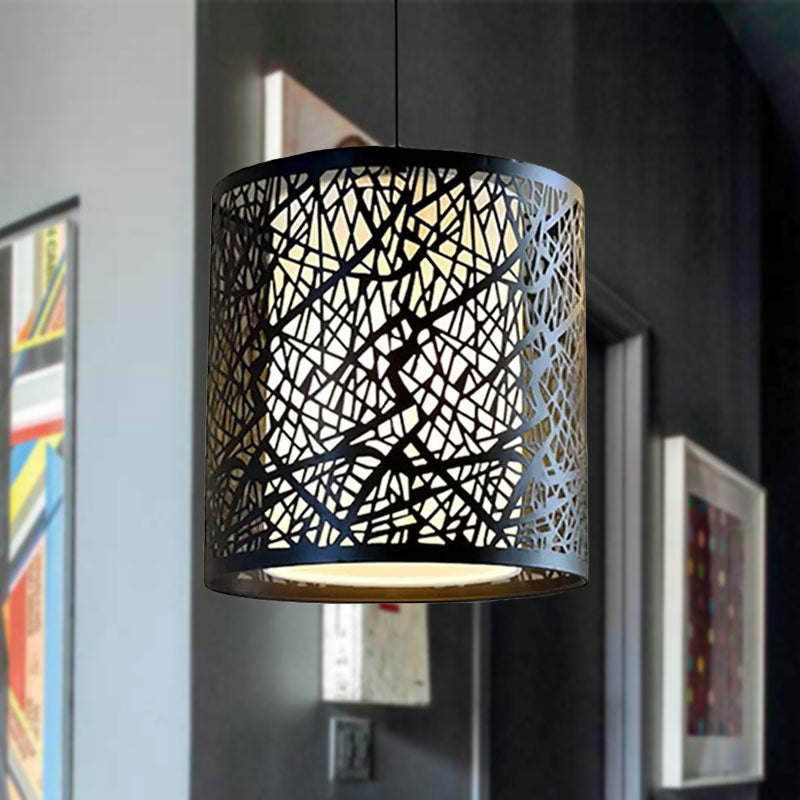 Industrial 1 Light Black Metal Hanging Lamp With Etched Drum Design - Perfect For Dining Rooms