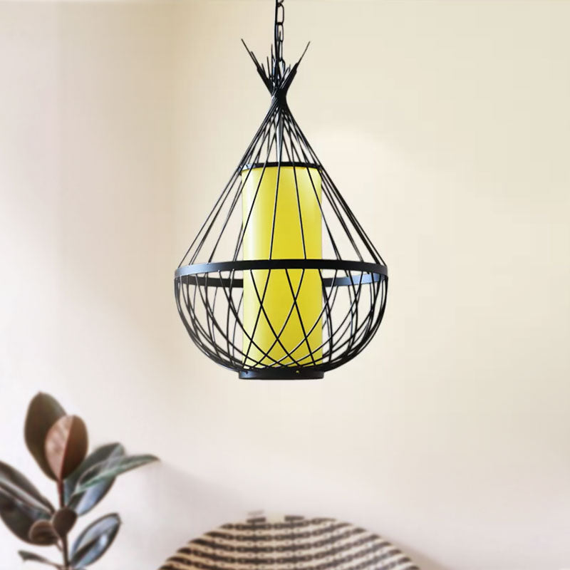 Vintage Style Water Drop Pendant Light with Black Metal Frame and Chain