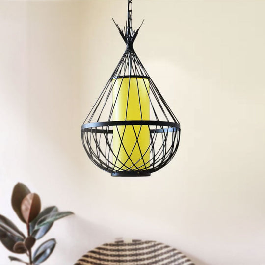 Vintage Style Black Metal Water Drop Pendant Light With Wire Frame And Chain