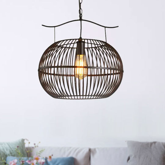 Industrial Style Black Metal Pendant Ceiling Light with Wire Cage, Round Shade, and Chain - Perfect for Living Room