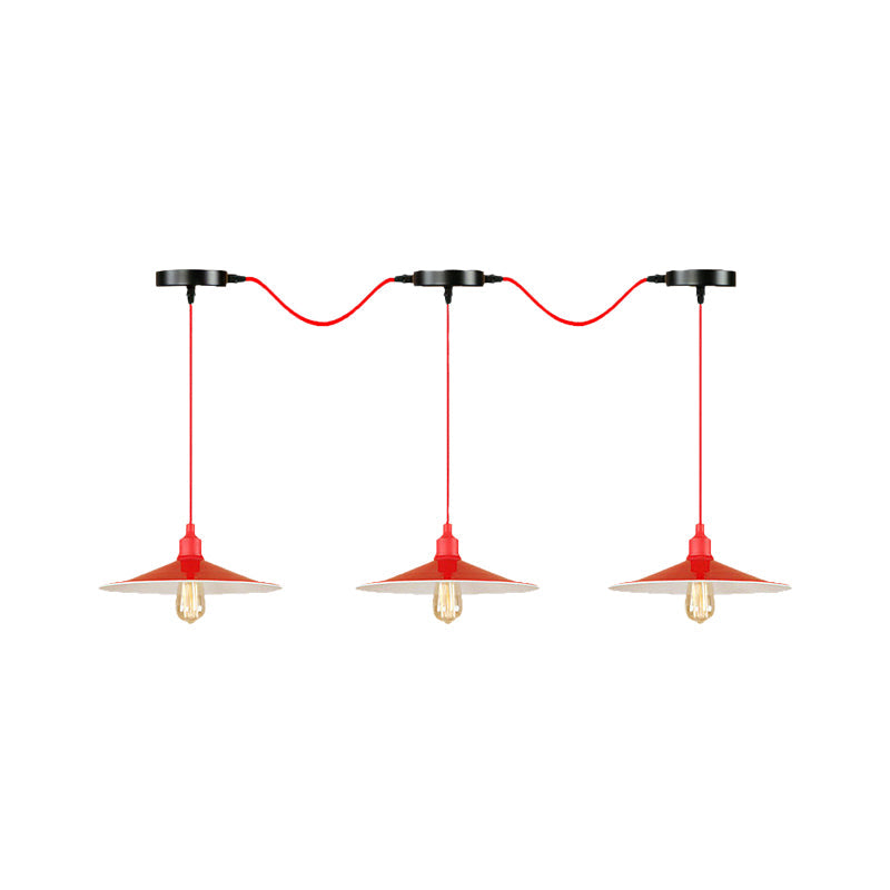 Flared Industrial Style Hanging Lamp Red 3/5 Light Fixture For Kitchen