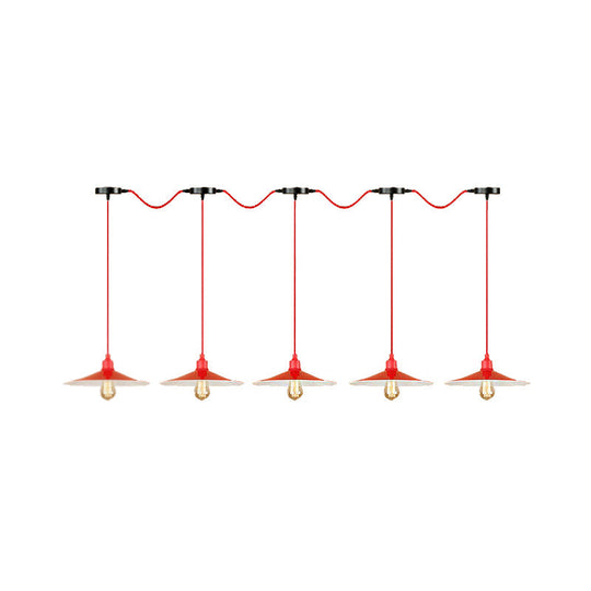 Red Industrial Flared Hanging Lamp: Metallic 3/5-Light Fixture for Kitchen