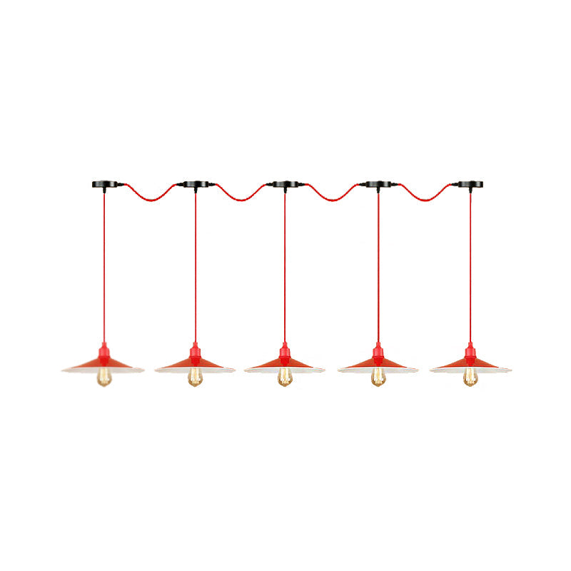 Flared Industrial Style Hanging Lamp Red 3/5 Light Fixture For Kitchen