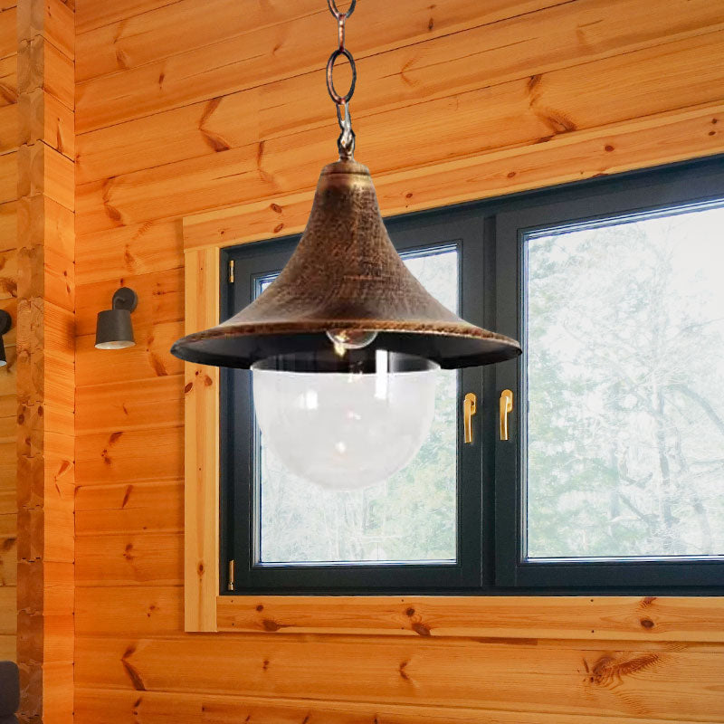 Lampe suspendue d'extérieur antique évasée avec abat-jour en verre transparent - Finition rouille/noire, lampe suspendue à 1 ampoule