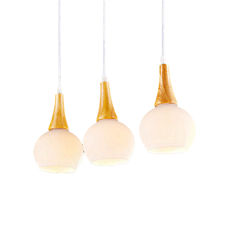 3-Head Modernist Pendant Lamp - White Glass & Wood Ceiling Light For Dining Table