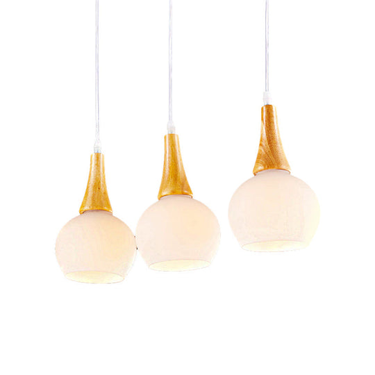 3-Head Modernist Pendant Lamp - White Glass & Wood Ceiling Light For Dining Table