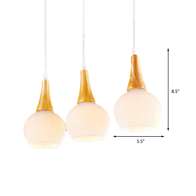 3-Head Modernist Pendant Lamp - White Glass & Wood Ceiling Light For Dining Table