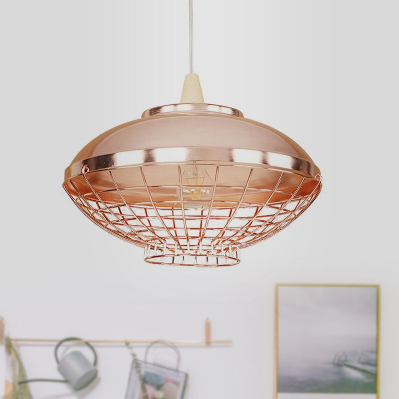Vintage Metallic Pendant Light - Rose Gold Bowl/Globe/Bottle Shade With Wire Cage For Living Room