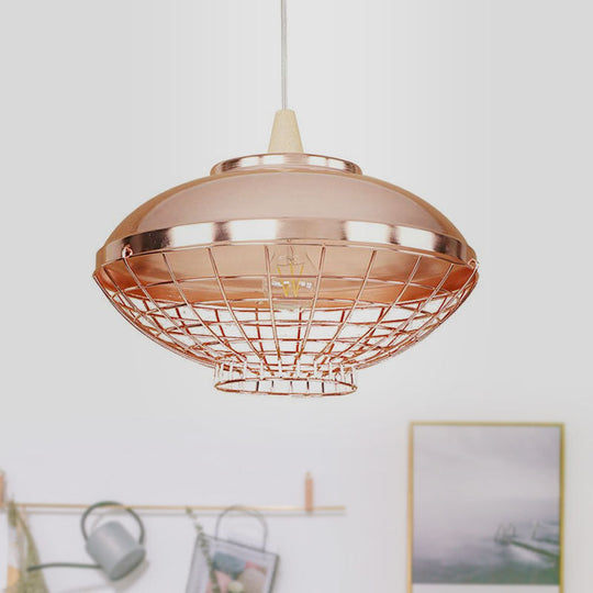 Vintage Metallic Pendant Light - Rose Gold Bowl/Globe/Bottle Shade With Wire Cage For Living Room