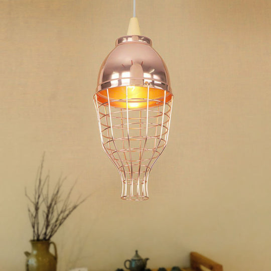 Vintage Rose Gold Pendant Light with Wire Cage - Metallic Shade for Living Room Ceiling