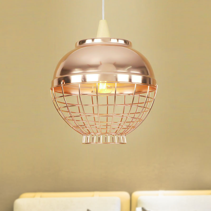 Vintage Rose Gold Pendant Light with Wire Cage - Metallic Shade for Living Room Ceiling