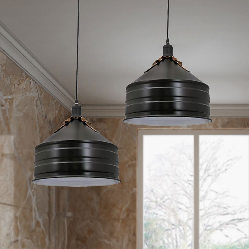 Industrial Metal Ceiling Hanging Lamp with Black Drum Shade – 1-Light Pendant for Bedroom