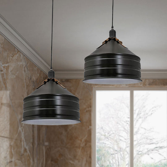 Industrial Metal Ceiling Hanging Lamp with Black Drum Shade – 1-Light Pendant for Bedroom