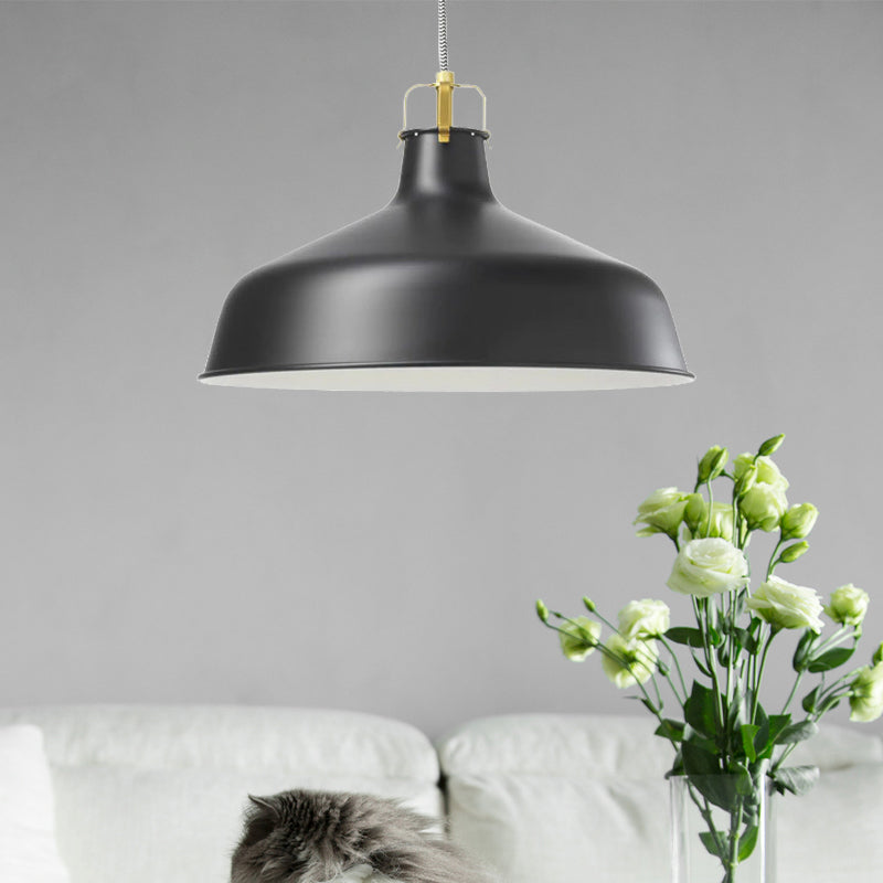 Modern 1-Light Metallic Pendant Lamp With Black/White Barn Shade - Stylish Dining Room Hanging