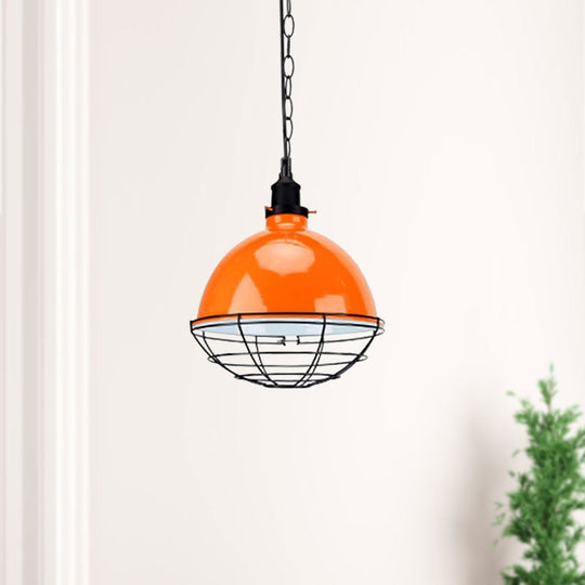 Retro Industrial Metal Pendant Light - Bowl Shade, 1 Bulb - Black/White/Red - Indoor Ceiling Light with Wire Guard and Chain