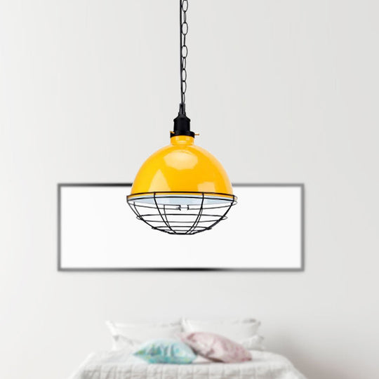 Retro Industrial Metal Pendant Light - Bowl Shade, 1 Bulb - Black/White/Red - Indoor Ceiling Light with Wire Guard and Chain